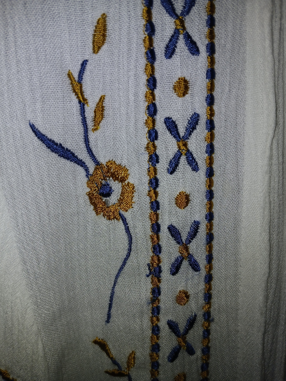 Women's White Embroidered Blouse with Blue and Gold Detail